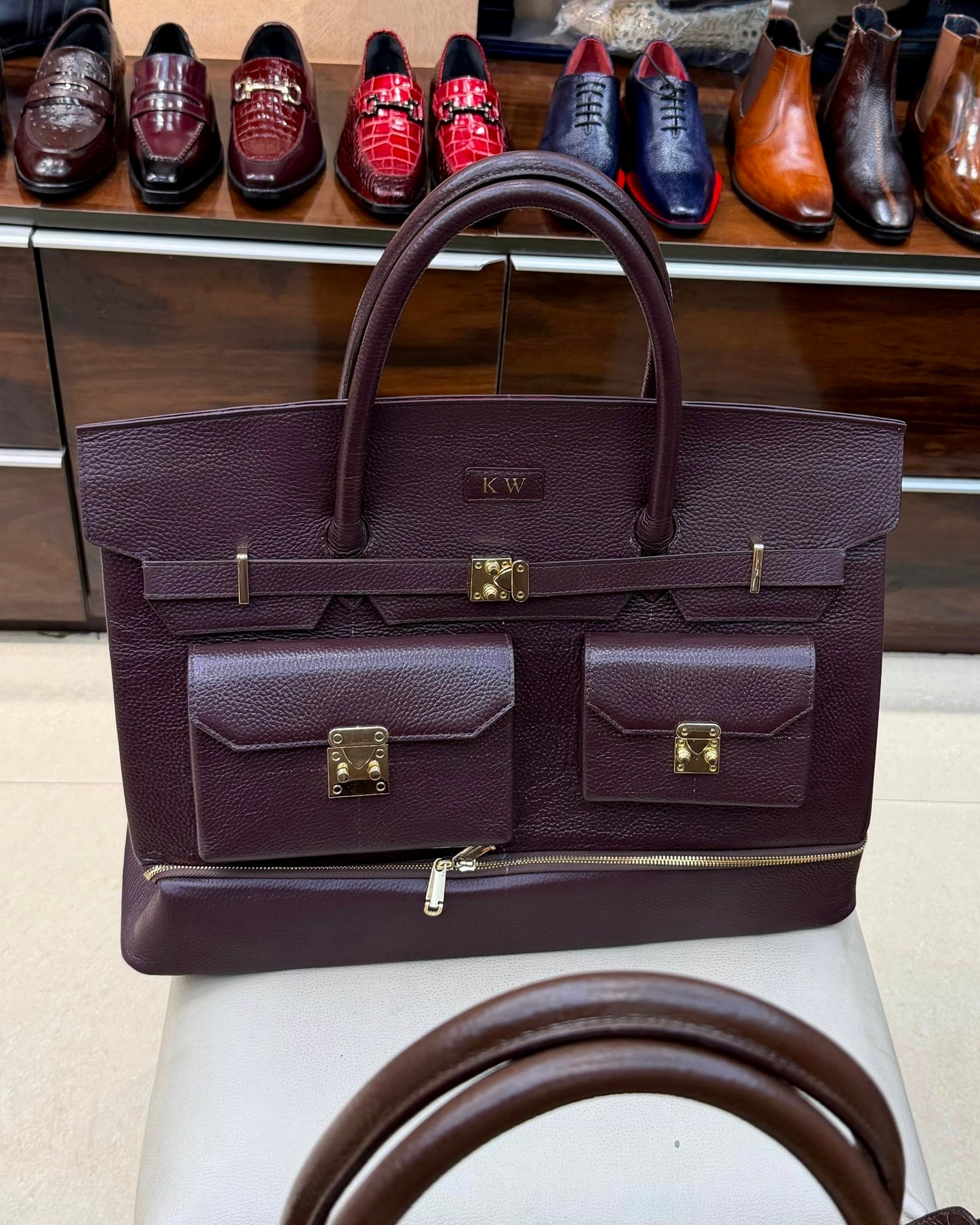 Burgundy Full Grain Leather Travel Bag with Shoe Compartment