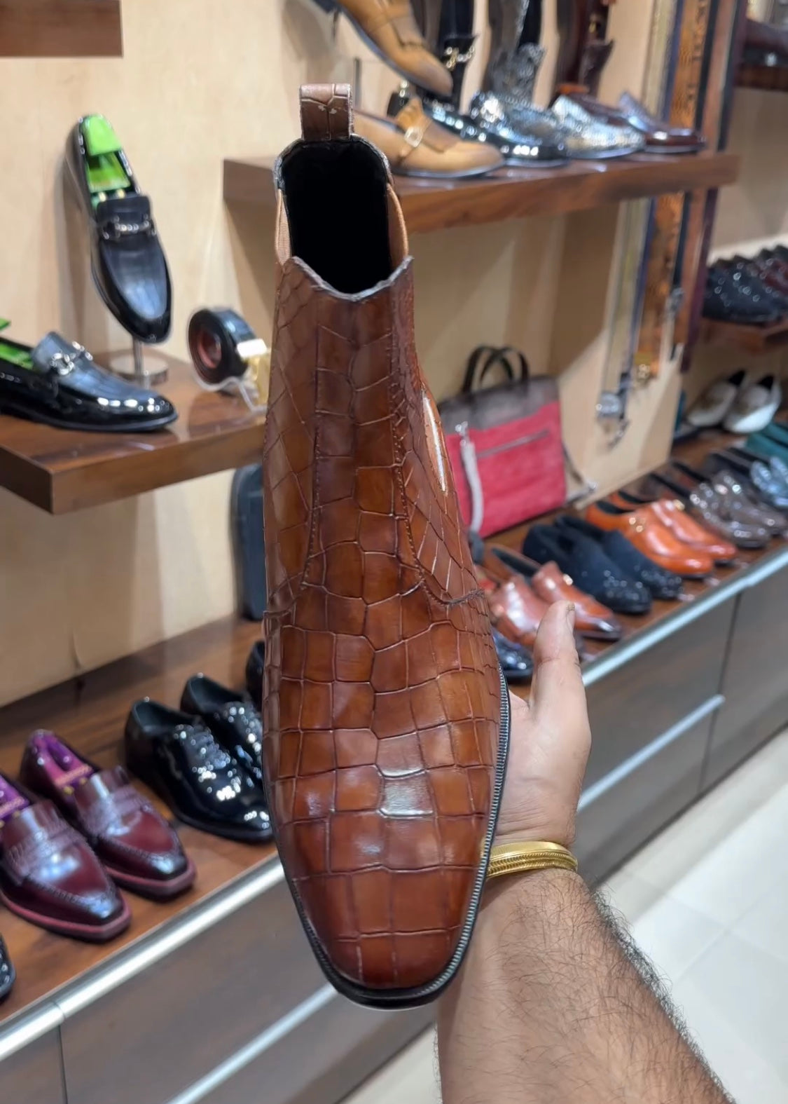 Tan Patina Croc Scaled Chelsea Boots