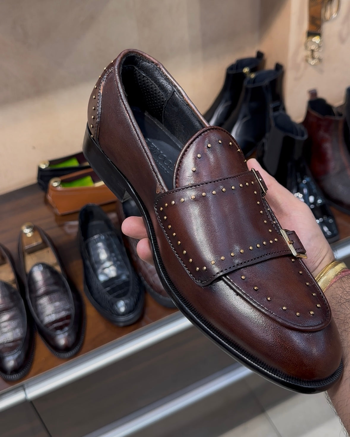 Brown Patina Double Monk Strap Loafers