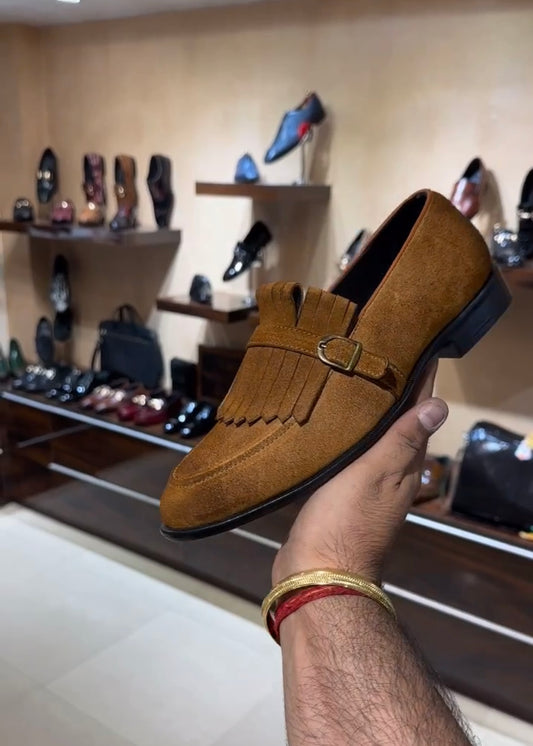 Burnt Tan Suede Fringe Moccasins