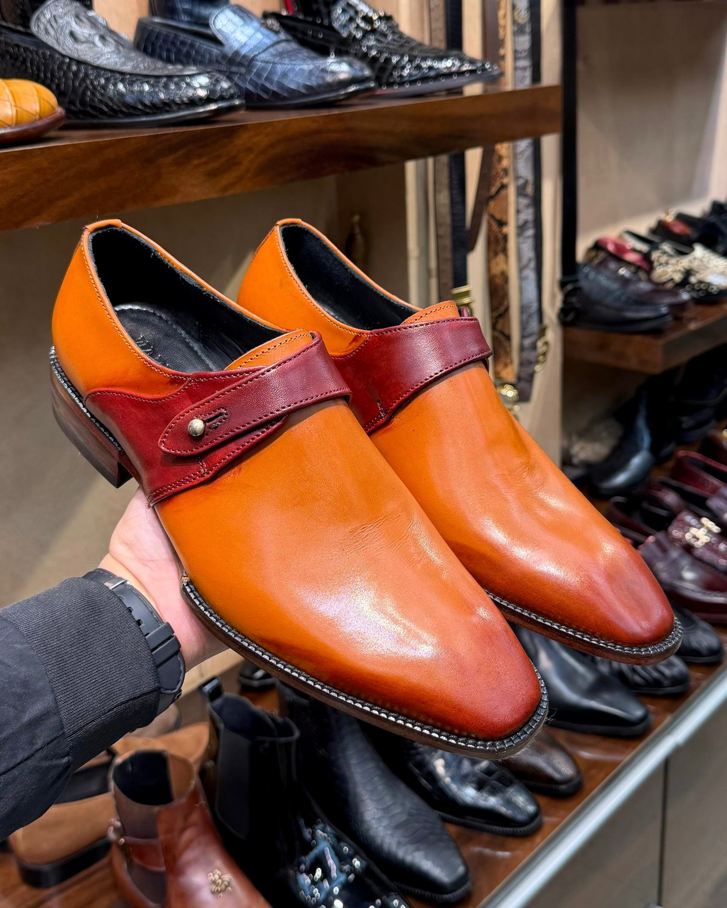 Custom Tan & Burgundy Single Monk Strap Shoes