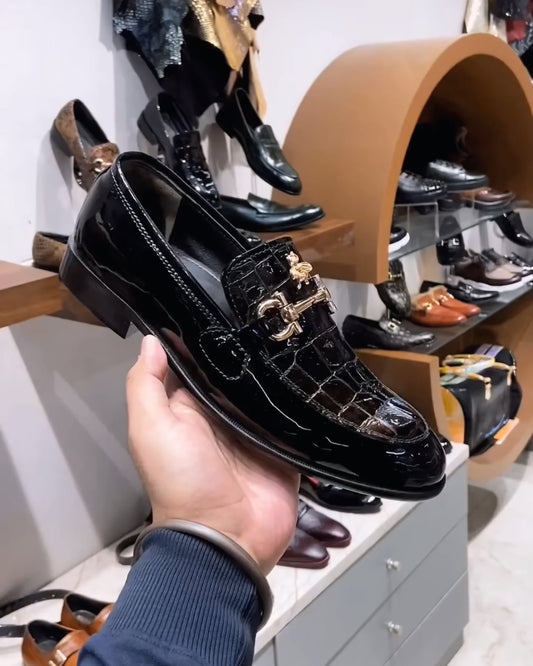 Luxe Edition Smokey Patent-Croc Moccasins with Bee