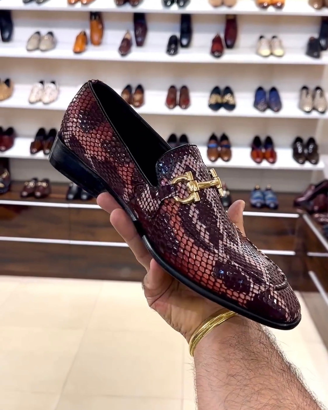Exotic Mirror Gloss Snake Moccasins with Gold Buckle