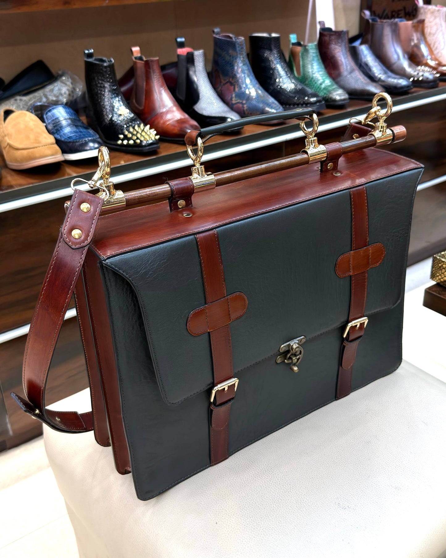 Signature Tan & Olive Green Laptop Bag with Brass Fittings