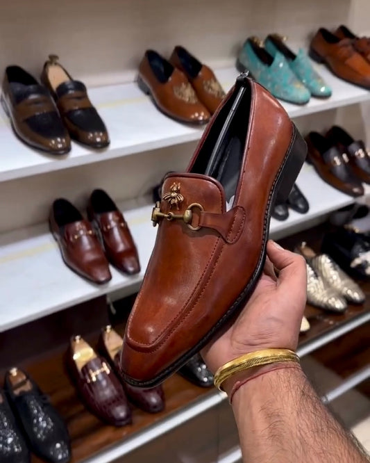 Cognac Tan Horsebit Loafers with Bee