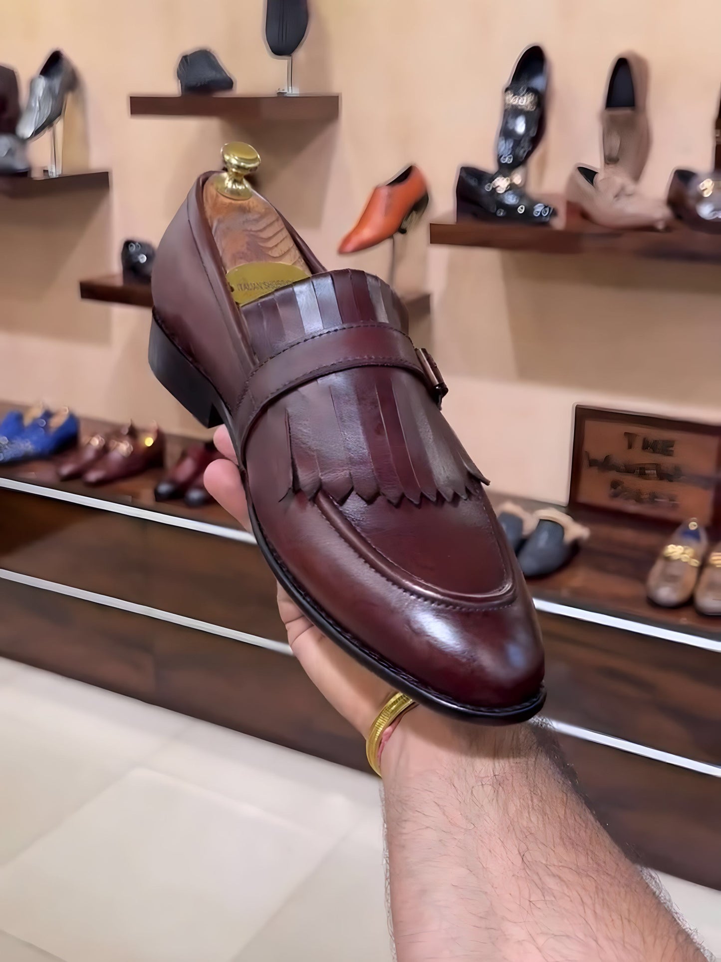 Burgundy Patina Fringe Moccasins