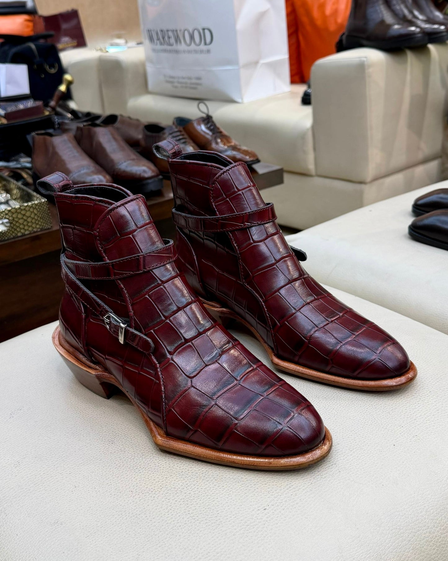 Burgundy Crocodile Scaled Jodhpur Boots with Cuban Heel
