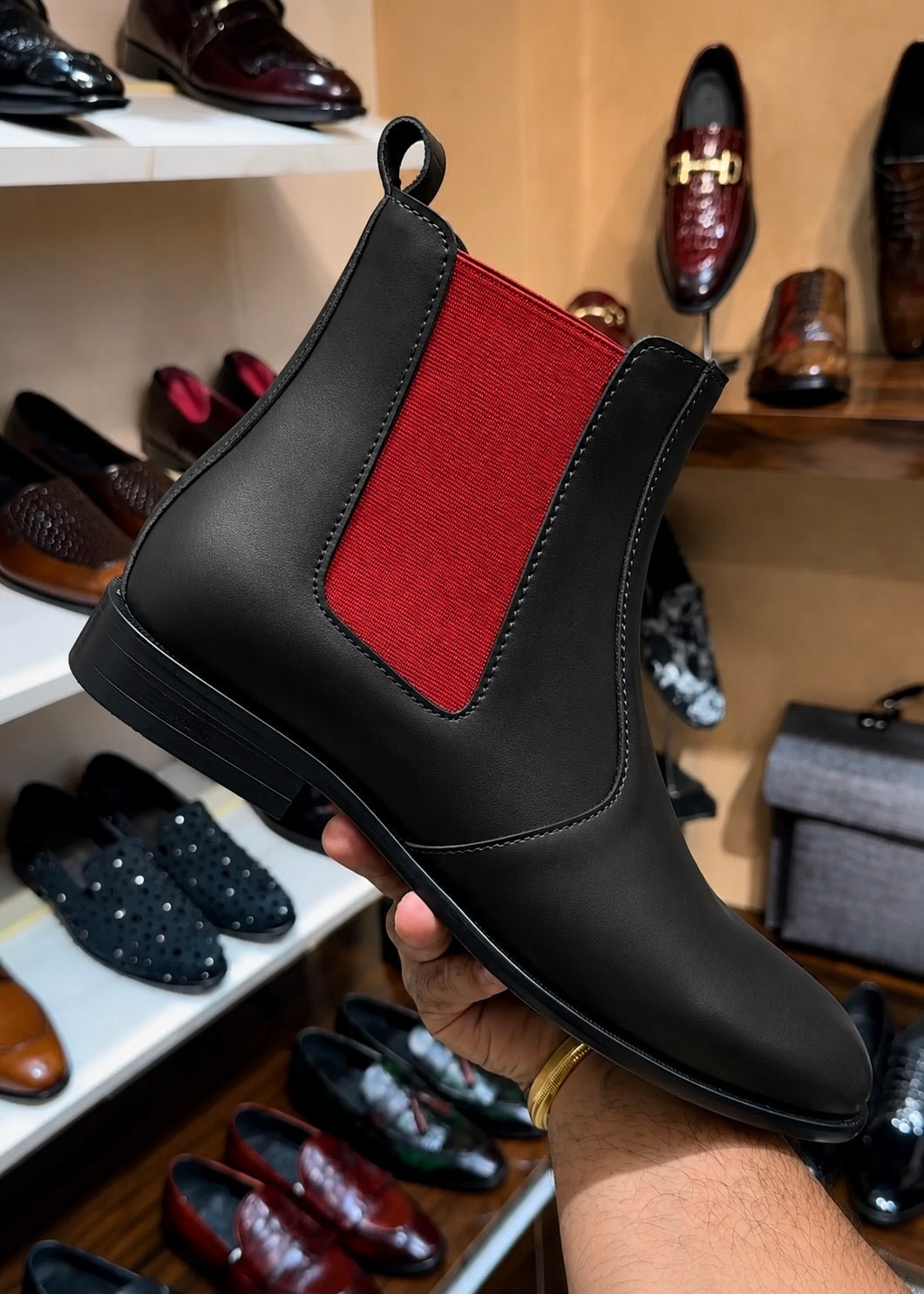 Black Chelsea Boots With Red Elastic