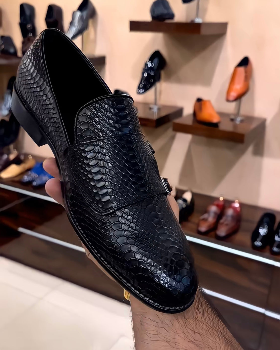 Raven Black Cobra Scaled Double Monk Moccasins