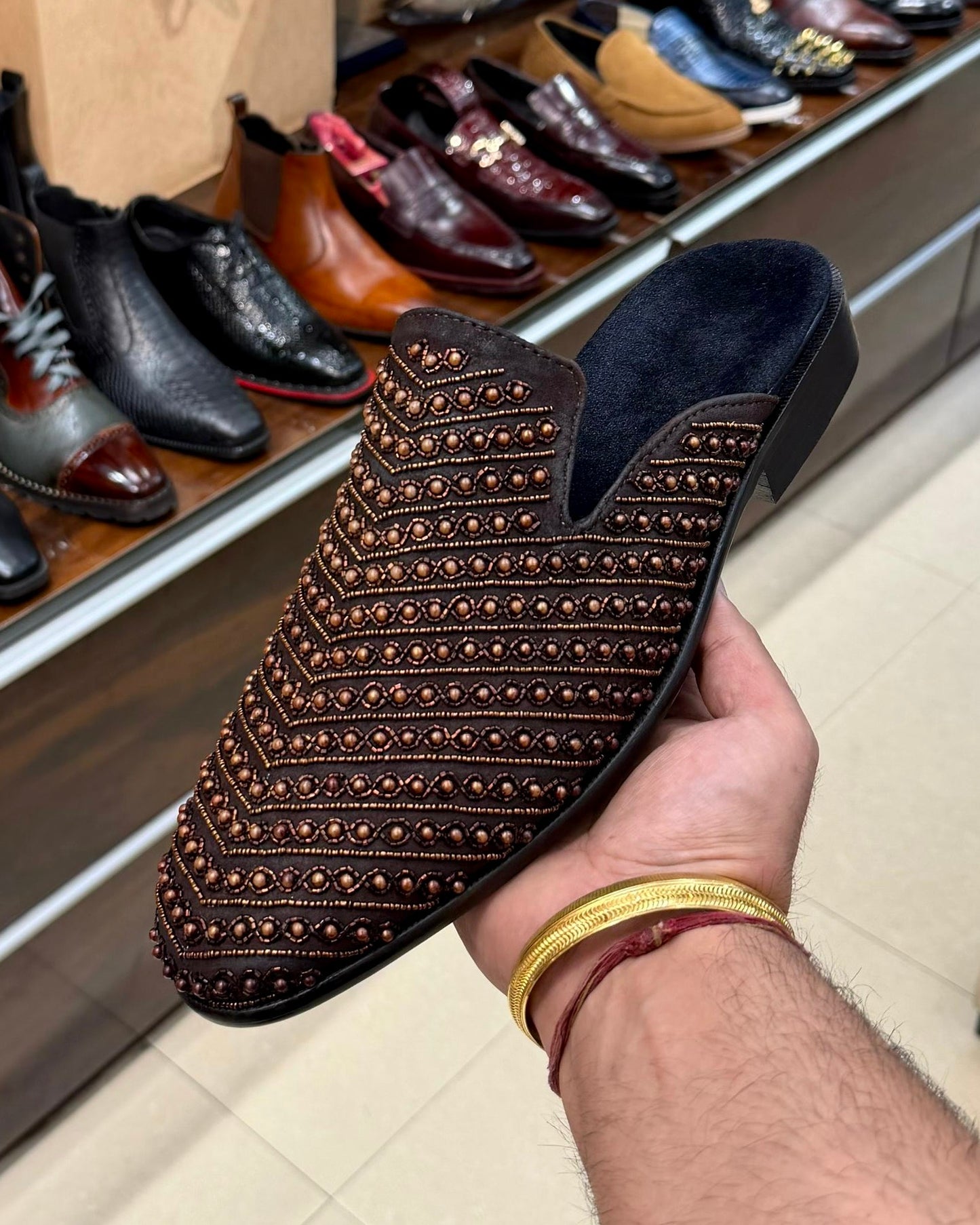 Brown Suede Hand-embroidered Mules with Velvet Footbed