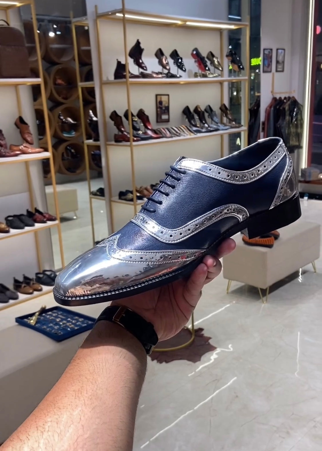 Silver Patent Semi-brogue Wingtip Spectator Oxfords