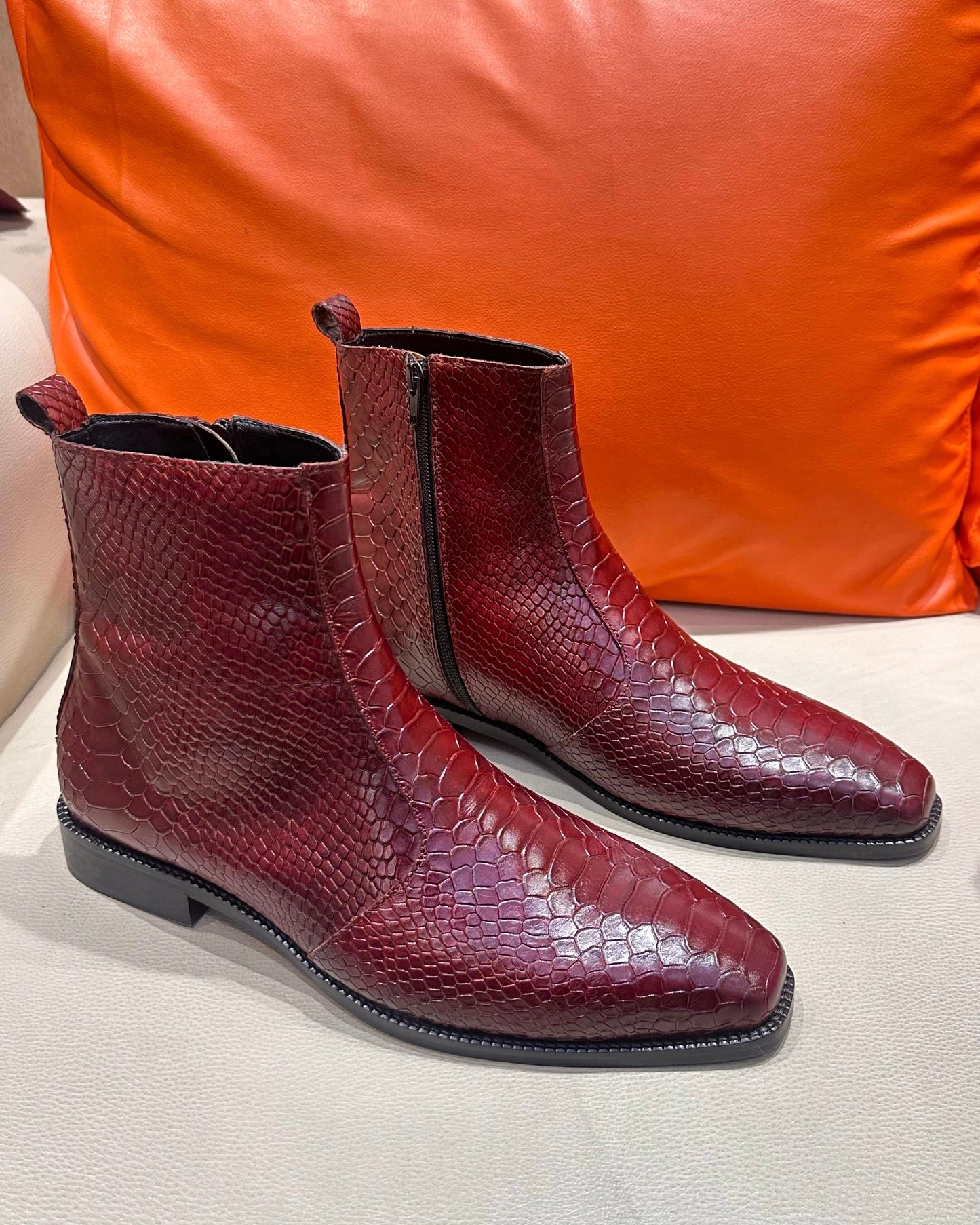 Burgundy Cobra Scaled Zip Boots