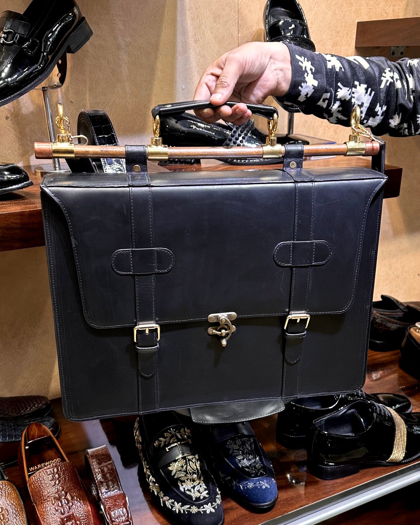 Signature Black Laptop Bag with Brass Fittings