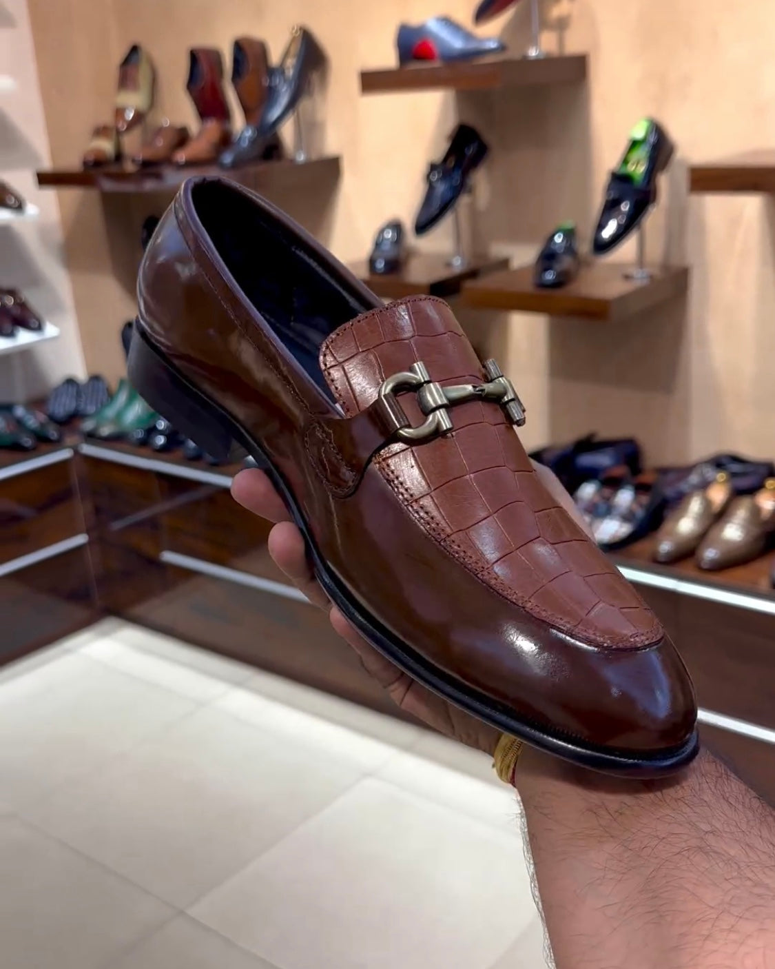 Caramel Brown Crocodile Scaled Spectator Moccasins