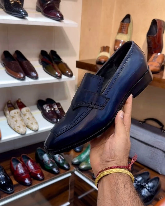 Dark Blue Patina Italian Crust Leather Moccasins