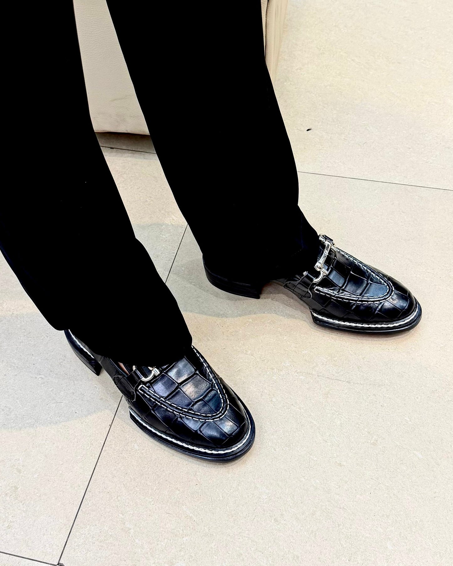 Black Deep-cut Croco Apple Cut Horsebit Loafers