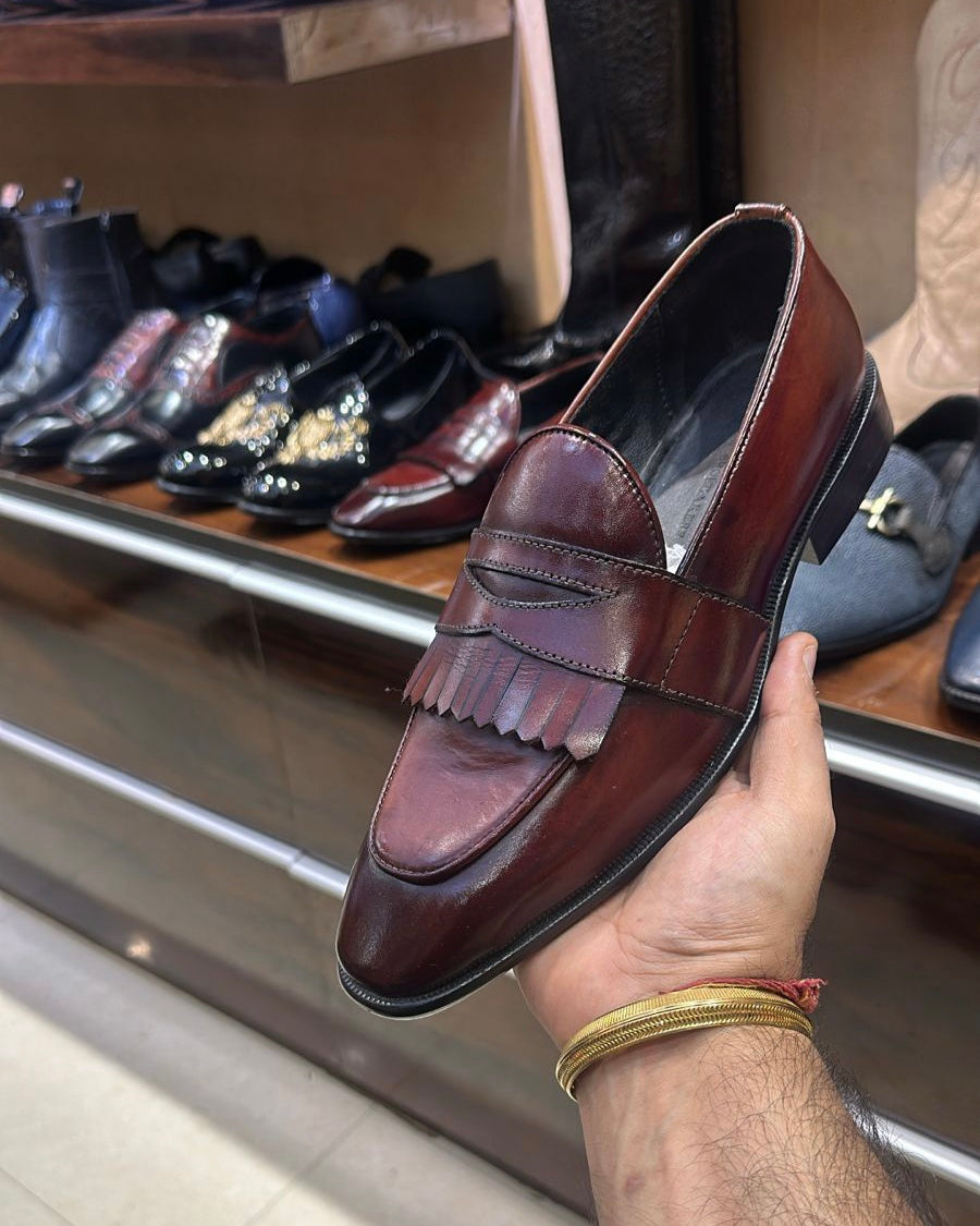 Burgundy Penny Strap Fringes Loafers