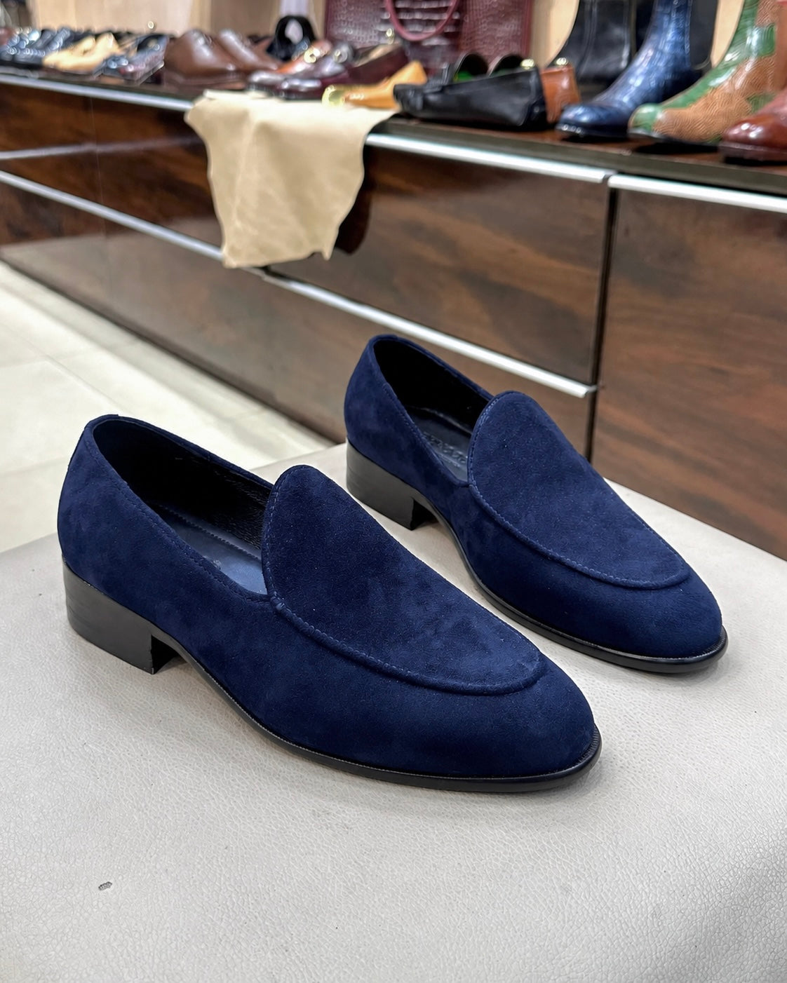 Navy Blue Suede Belgian Loafers