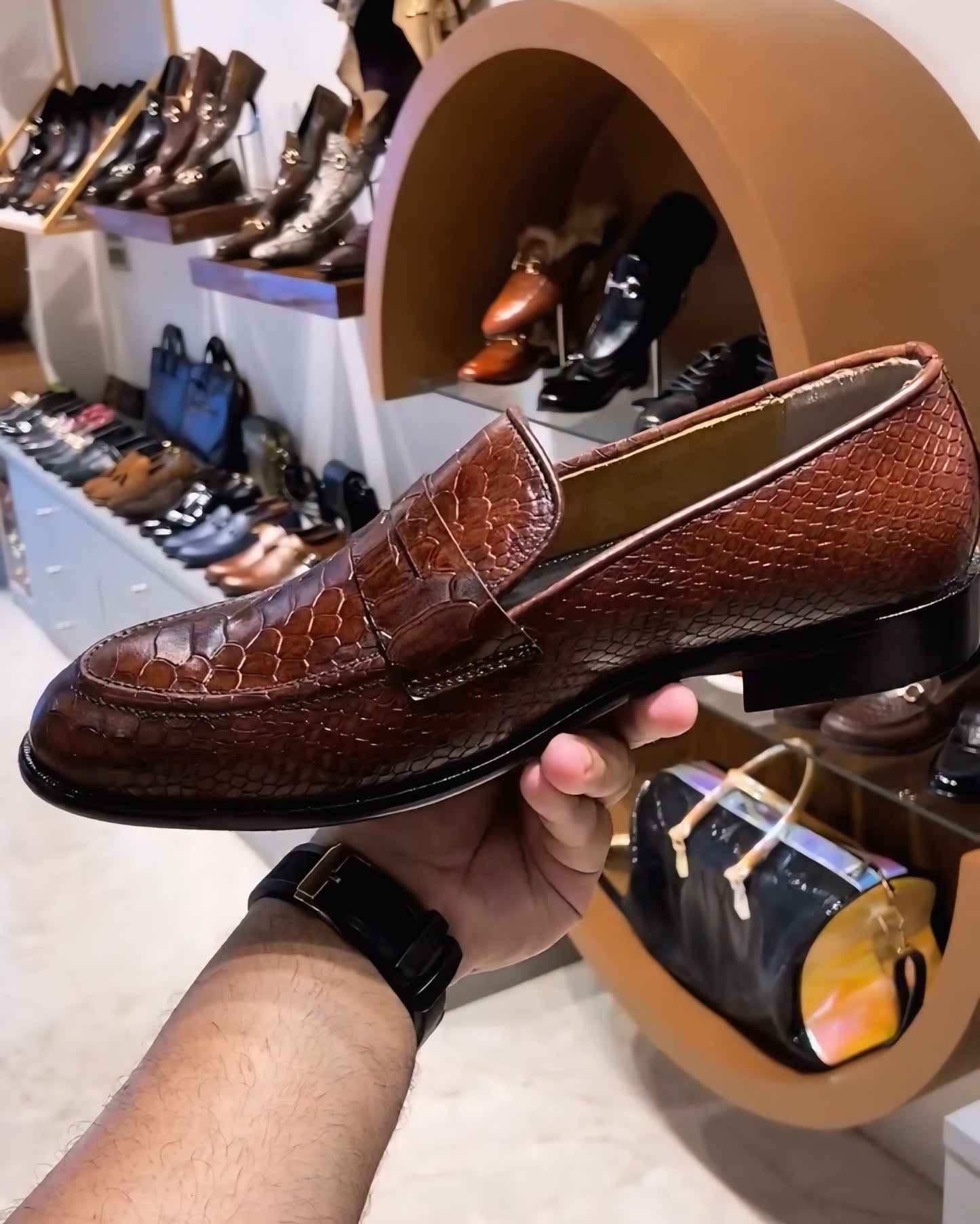 Brown Patina Cobra Scaled Penny Moccasins
