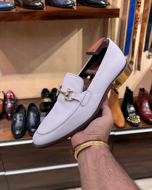 White Italian Leather Horsebit Loafers with Gold Metal Plate Heel