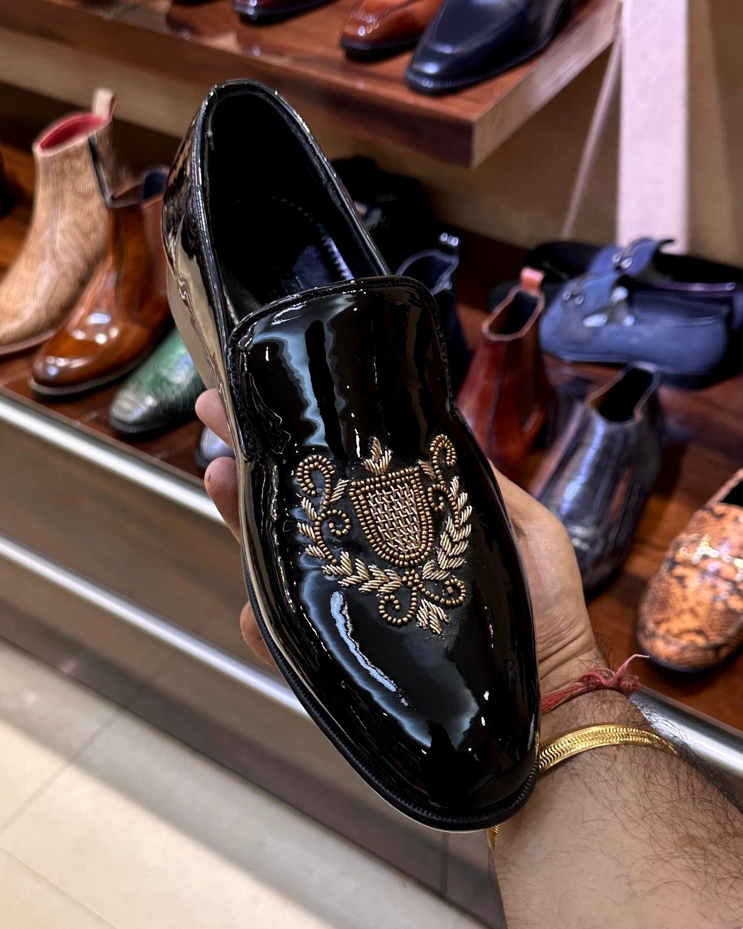 Black Patent Leather Hand-embroidered Loafers