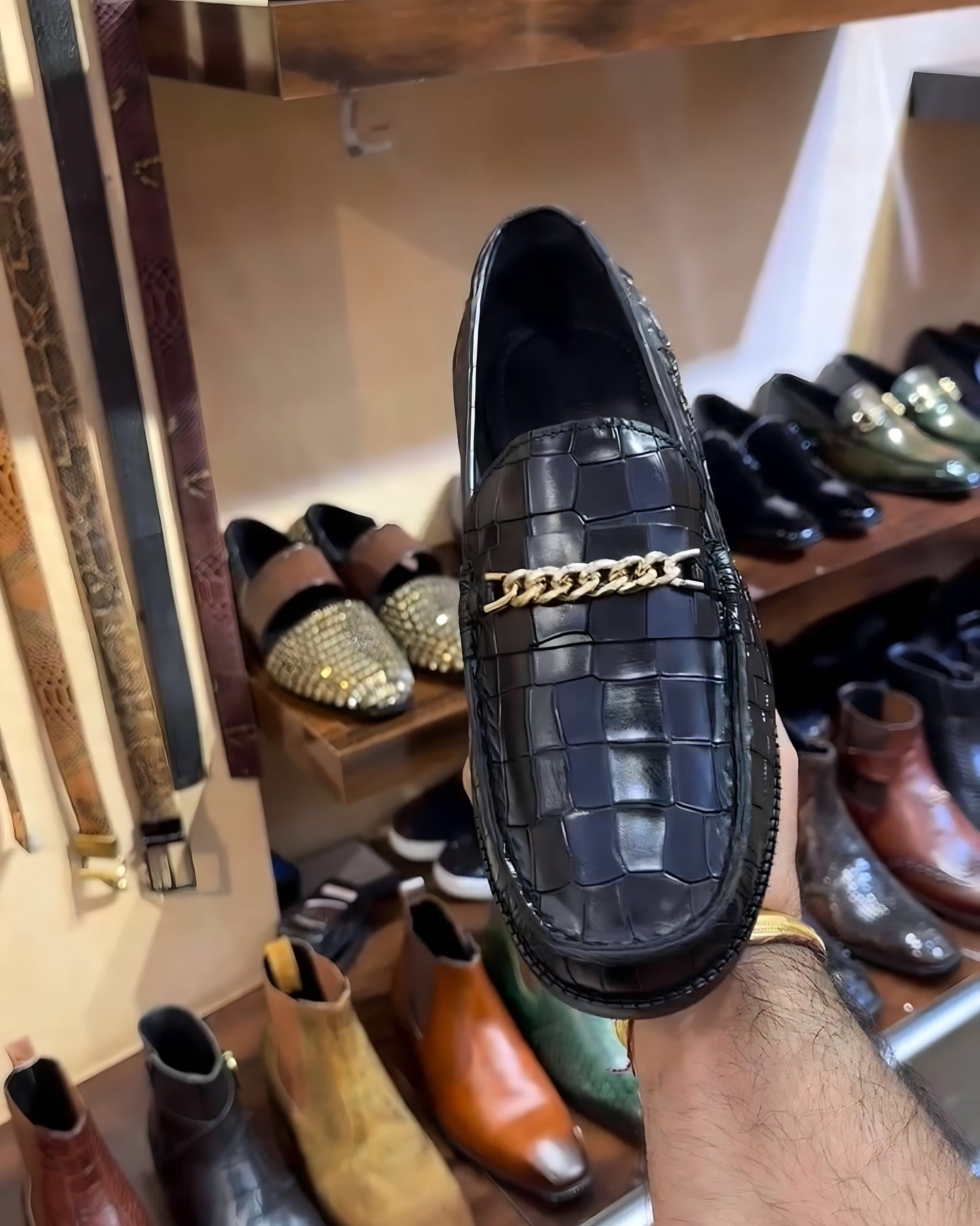 Smooth Black Croc Moccasins with Gold Chain Buckle