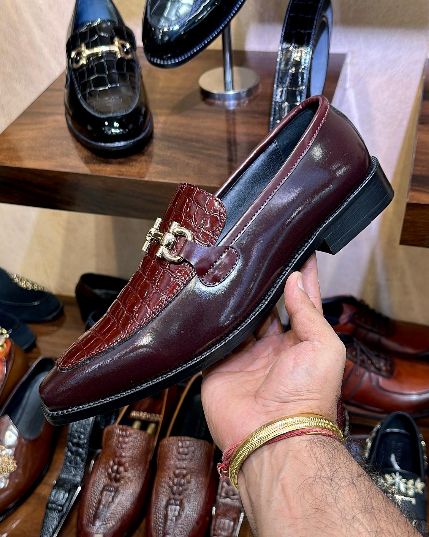 Two-tone Burgundy Croco Horsebit Loafers