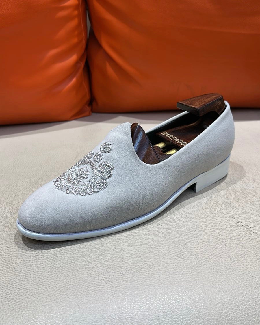 Light Cream Suede Mojaris with White Wood Sole