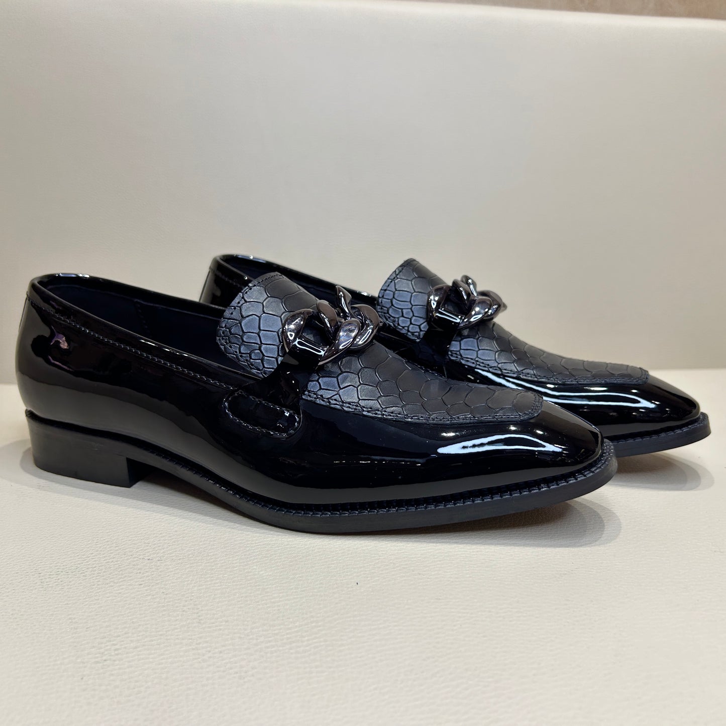 Black Patent Cobra Scaled Moccasins with Gunmetal Chain Buckle