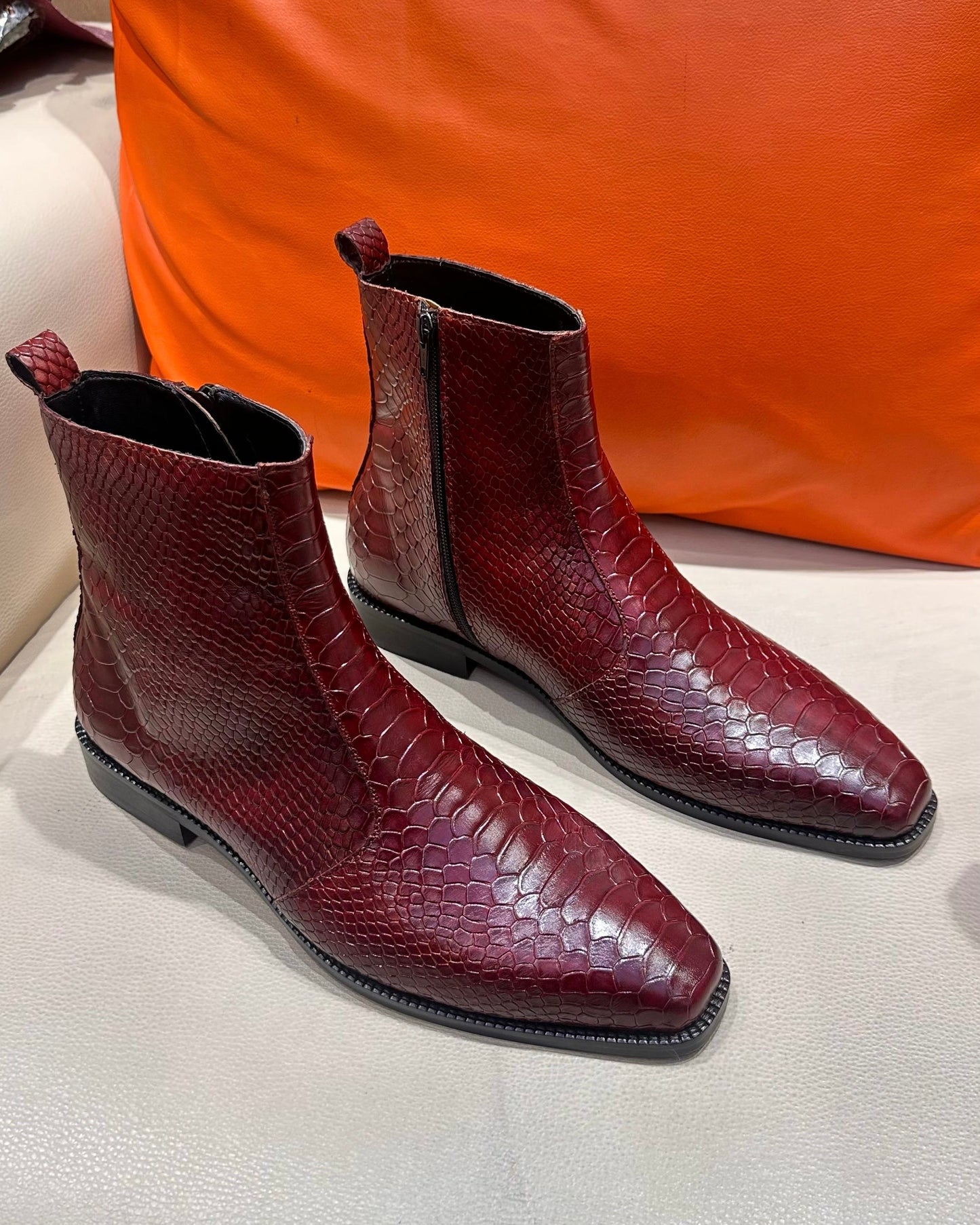 Burgundy Cobra Scaled Zip Boots