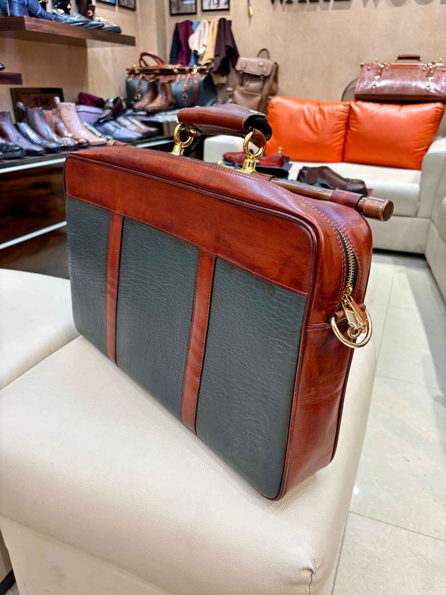 Tan & Olive Green Laptop Bag with Brass Fitting