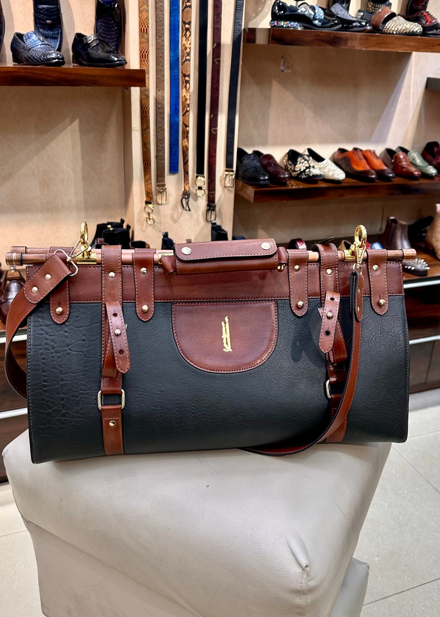Custom Handmade Two-tone Italian Leather Duffel Bag