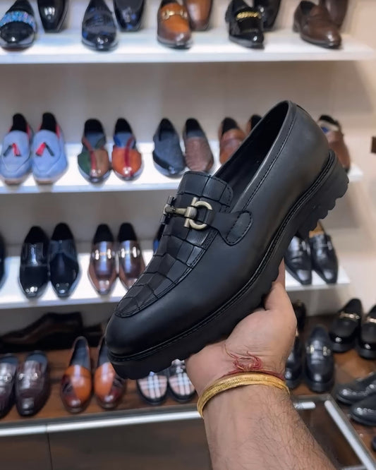 Matt Black Crocodile Scaled Boot Sole Moccasins with Antique Buckle