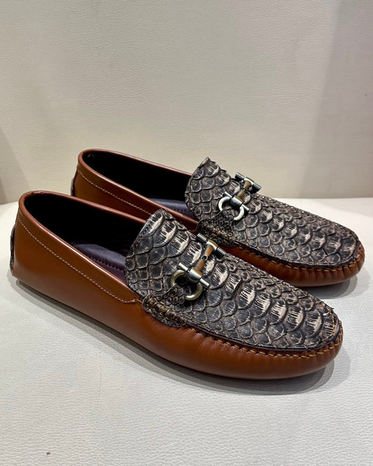 Brown Snake-Scaled Horsebit Driving Loafers