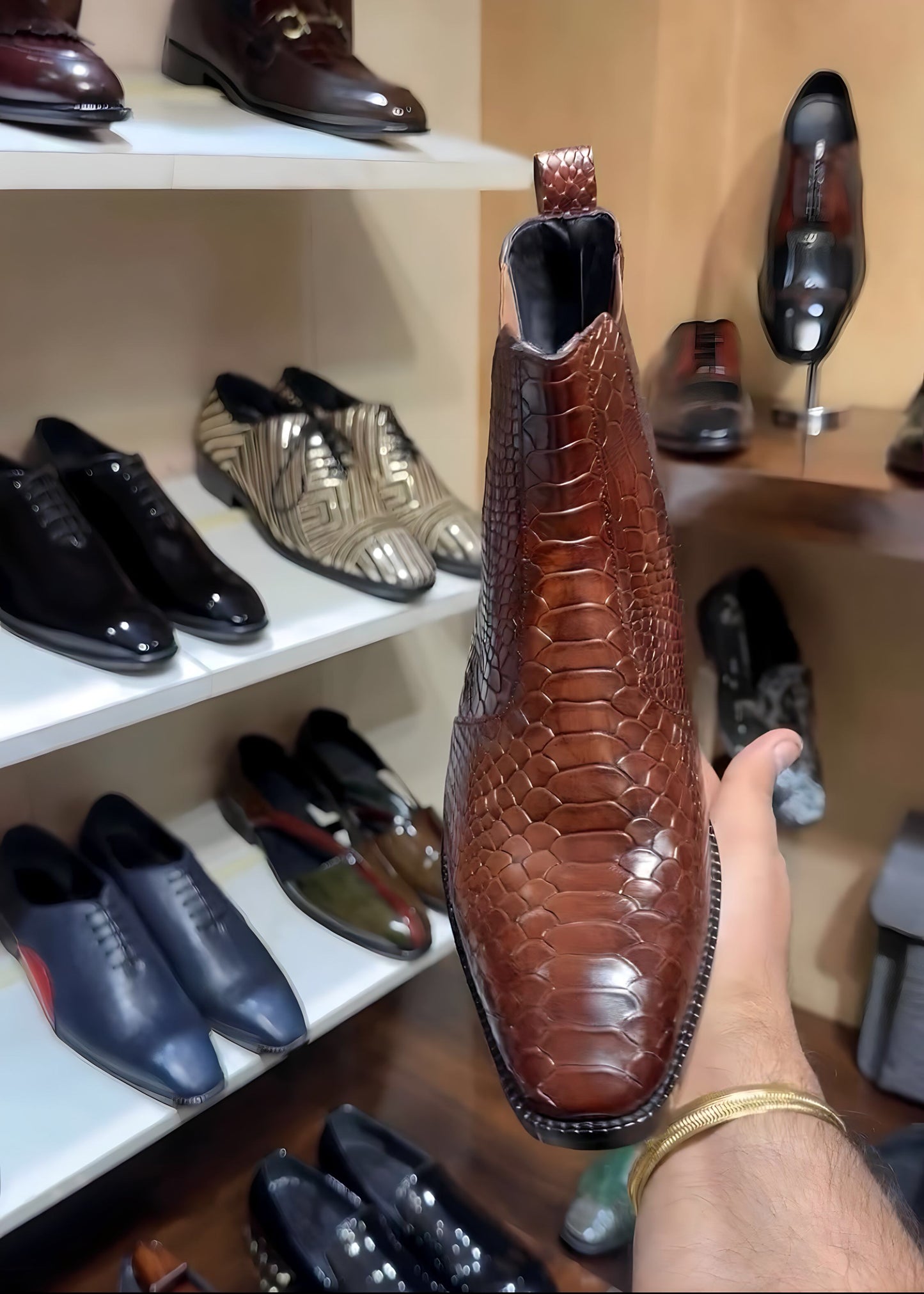 Dark Tan Cobra Scaled Chelsea Boots