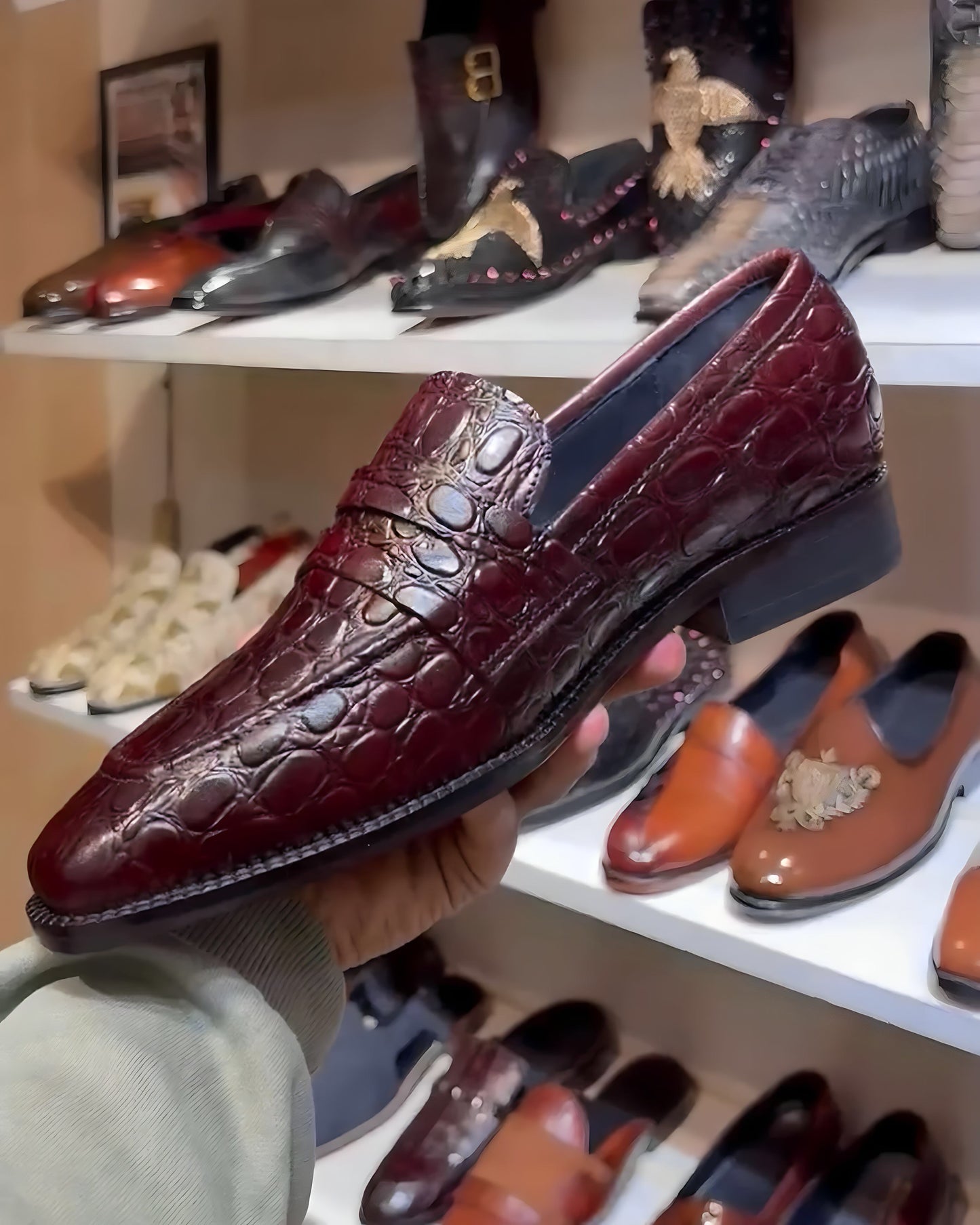 Burgundy Crocodile Scaled Penny Loafers