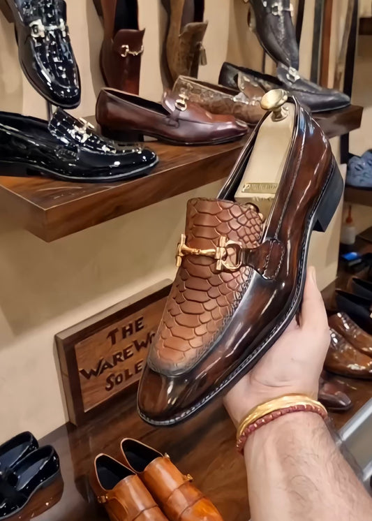 Dark Brown Wooden Finish Cobra Scaled Moccasins