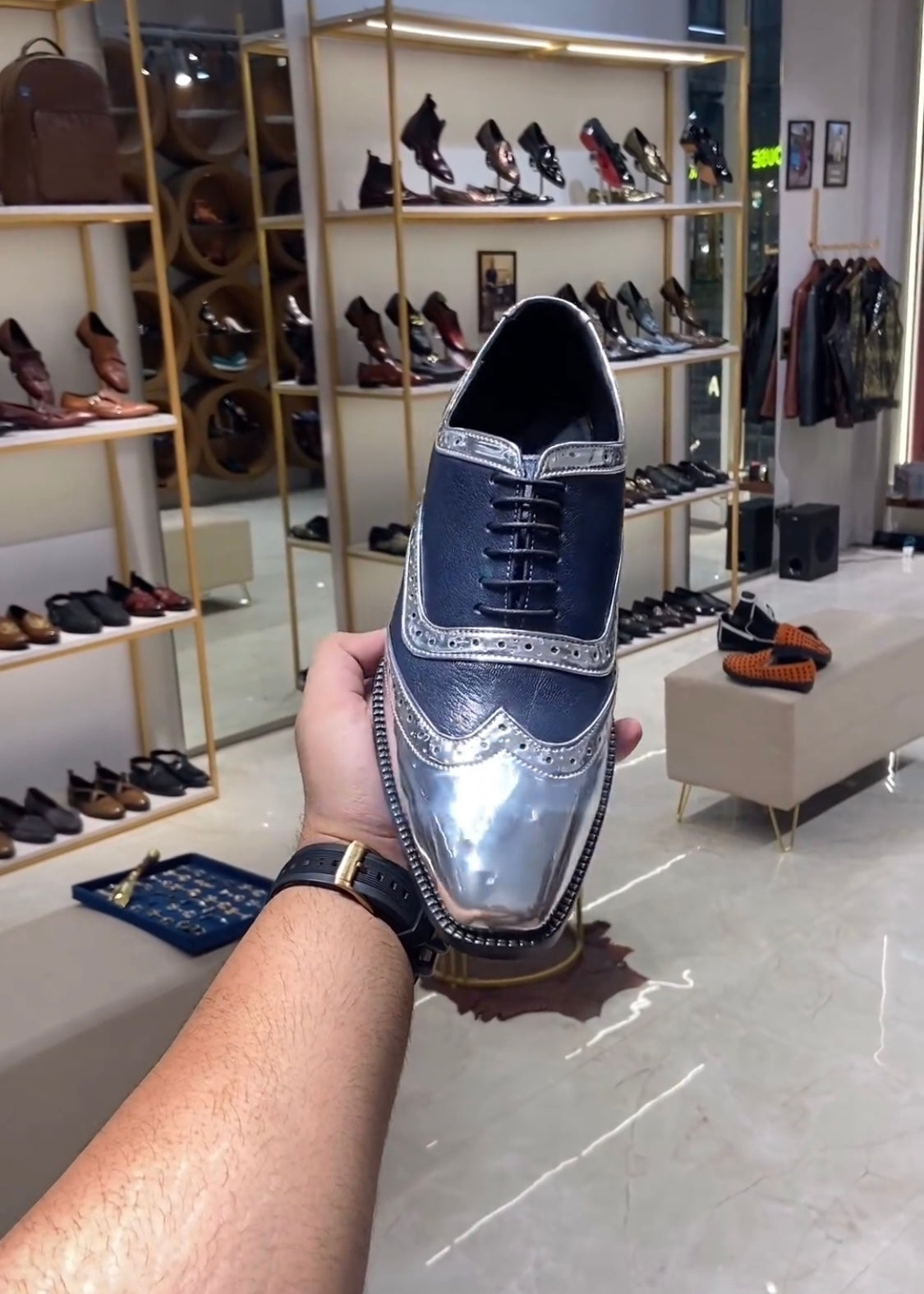 Silver Patent Semi-brogue Wingtip Spectator Oxfords