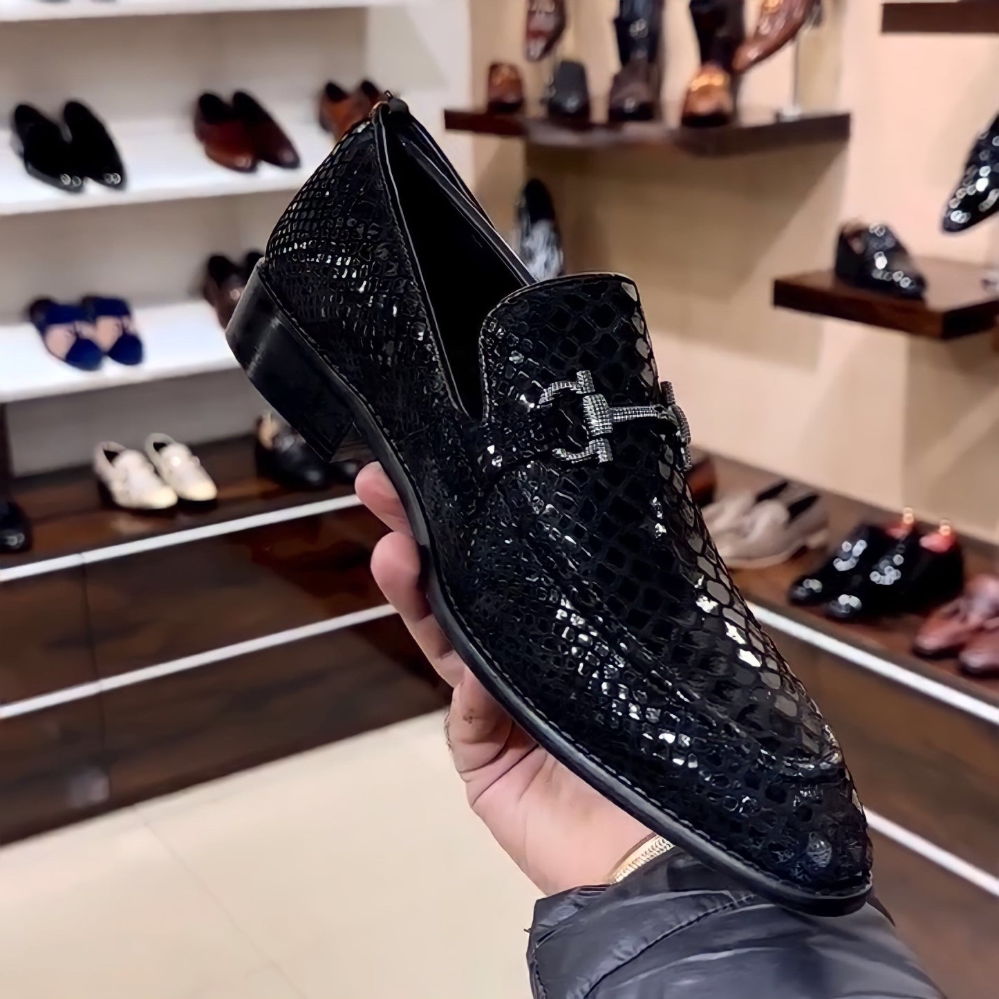 Mirror Gloss Exotic Black Snake Foil Moccasins