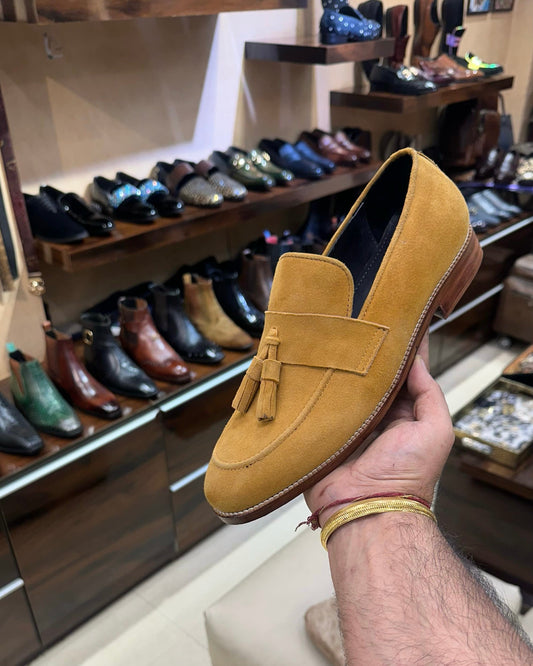 Tan Suede Tassel Loafers with Wood Sole