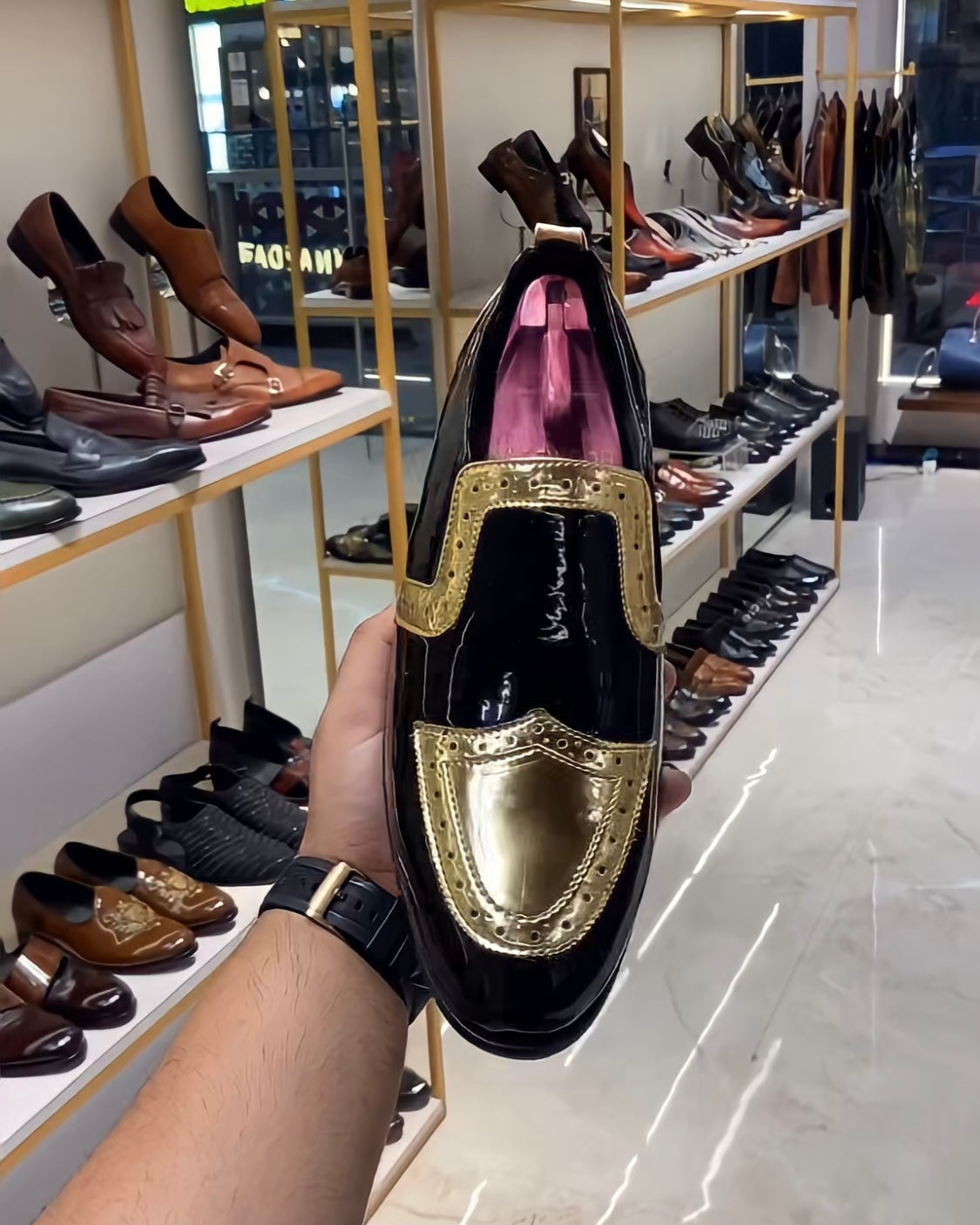 Gold Wingtip Patent Leather Slip-on Oxfords