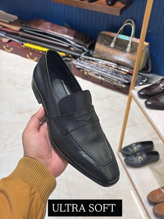 Classic Black Penny Loafers in Soft Calf Leather