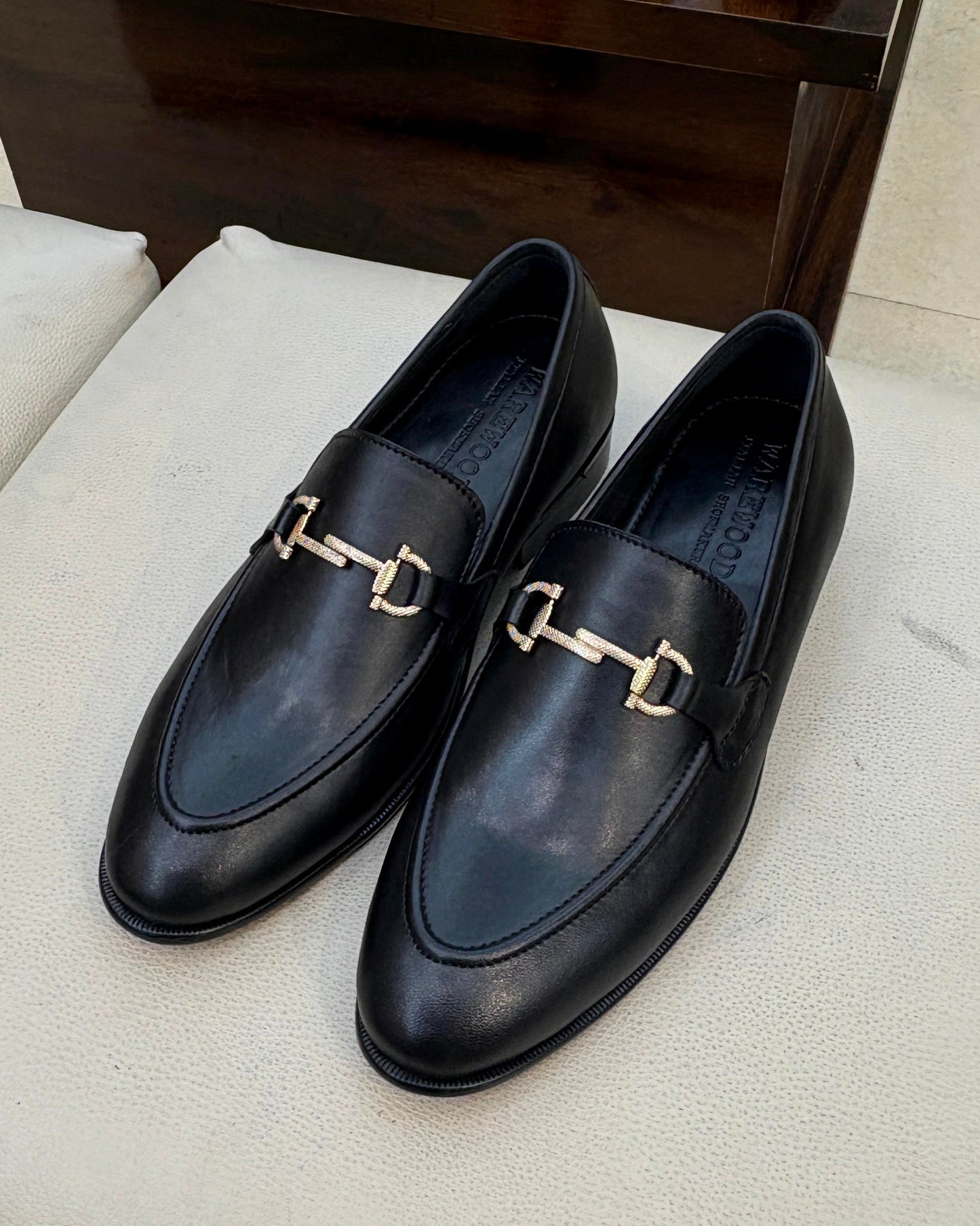 Black Gold Textured Horsebit Loafers in Calfskin Leather