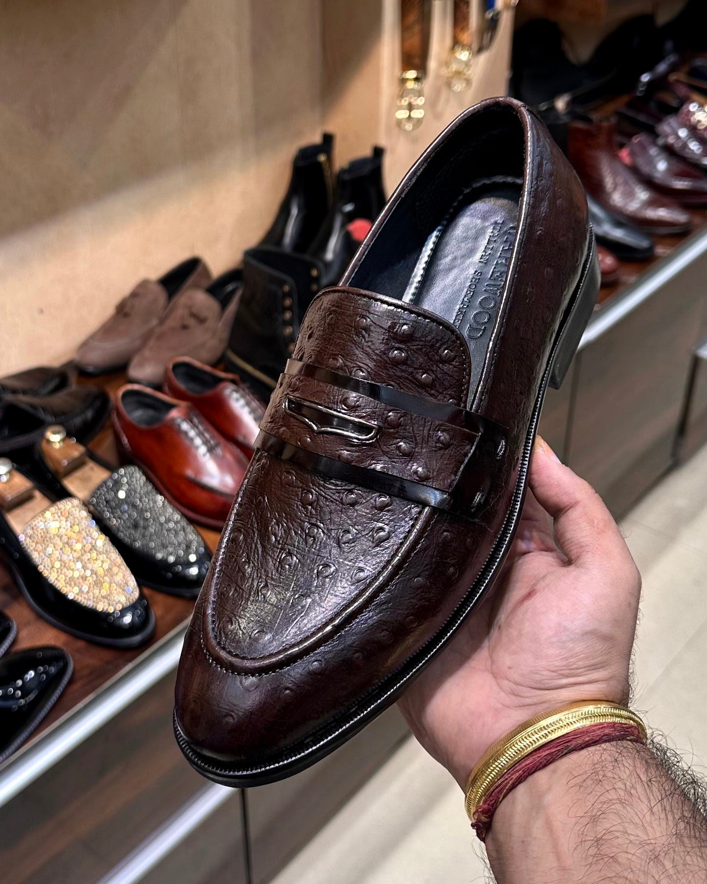 Exotic Dark Brown Ostrich Scaled Penny Loafers