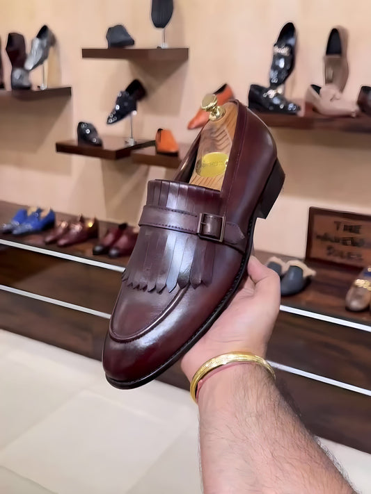 Burgundy Patina Fringe Moccasins