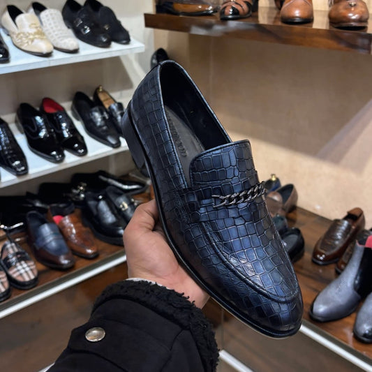 Blue Crocodile Scaled Gunmetal Chain Moccasins