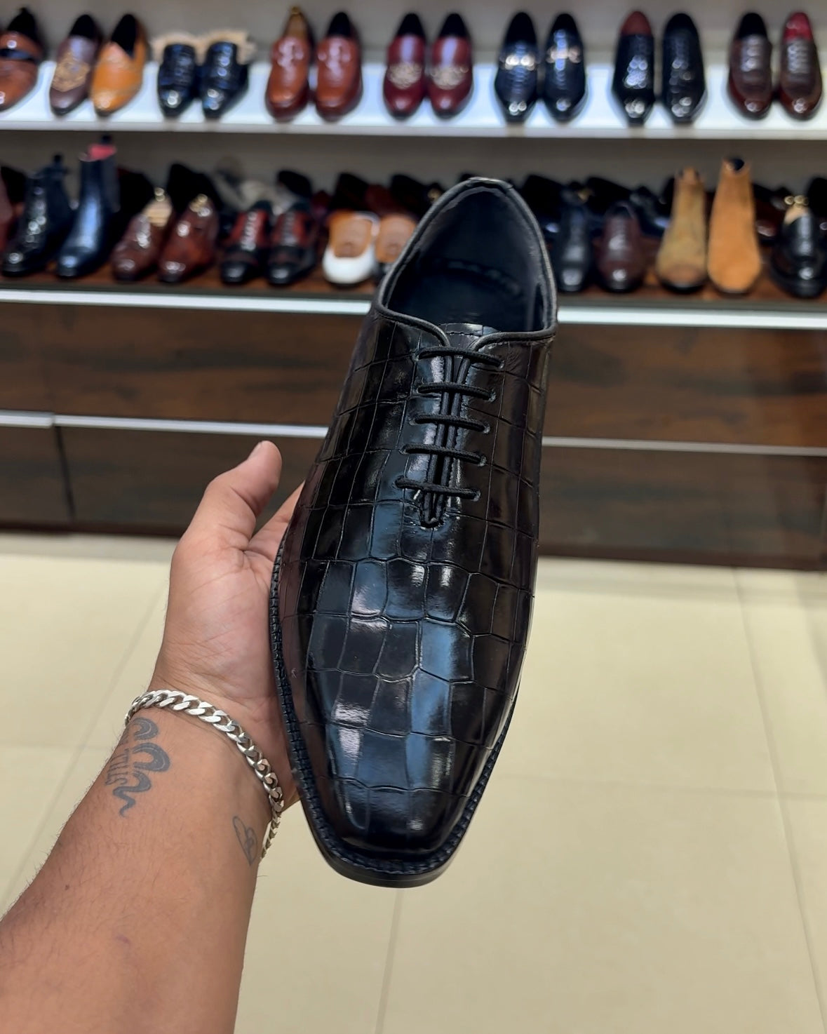 Black Crocodile Scaled Whole-cut Oxfords