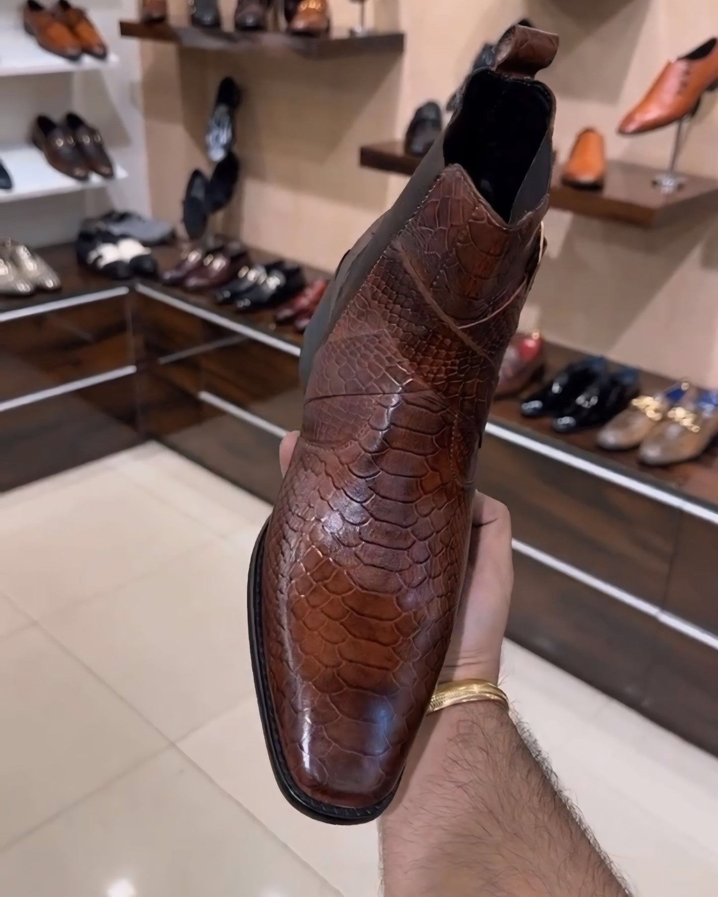 Burnished Cobra Scaled High-heel Chelsea Boots