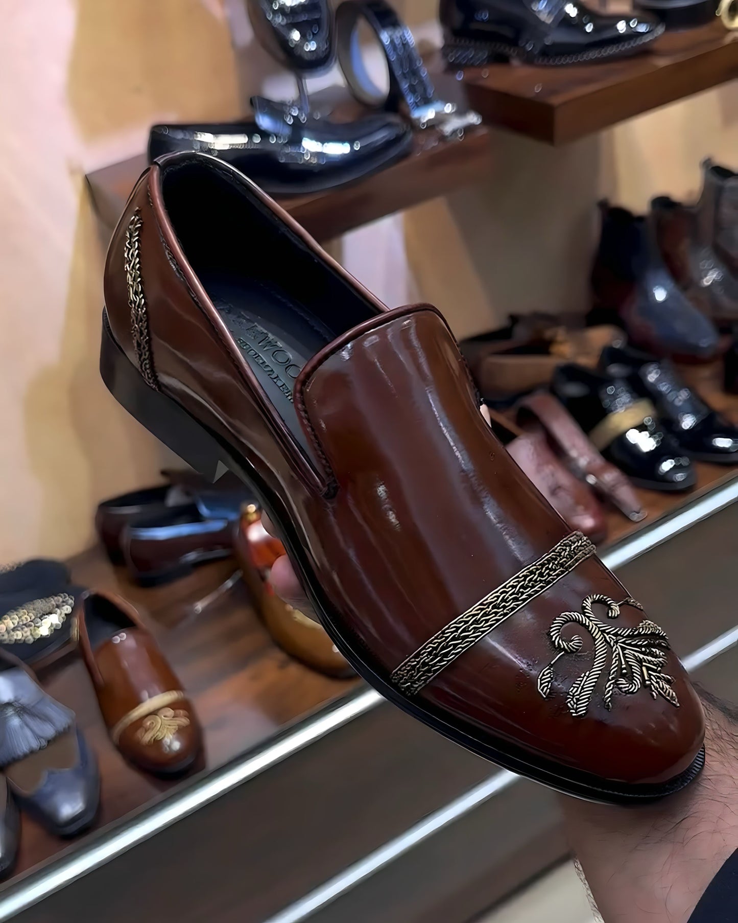 Brown Patina Hand-embroidery Slip-ons
