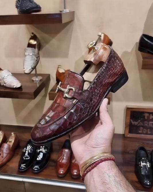 Burnished Wine-brown Crocodile Scaled Moccasins